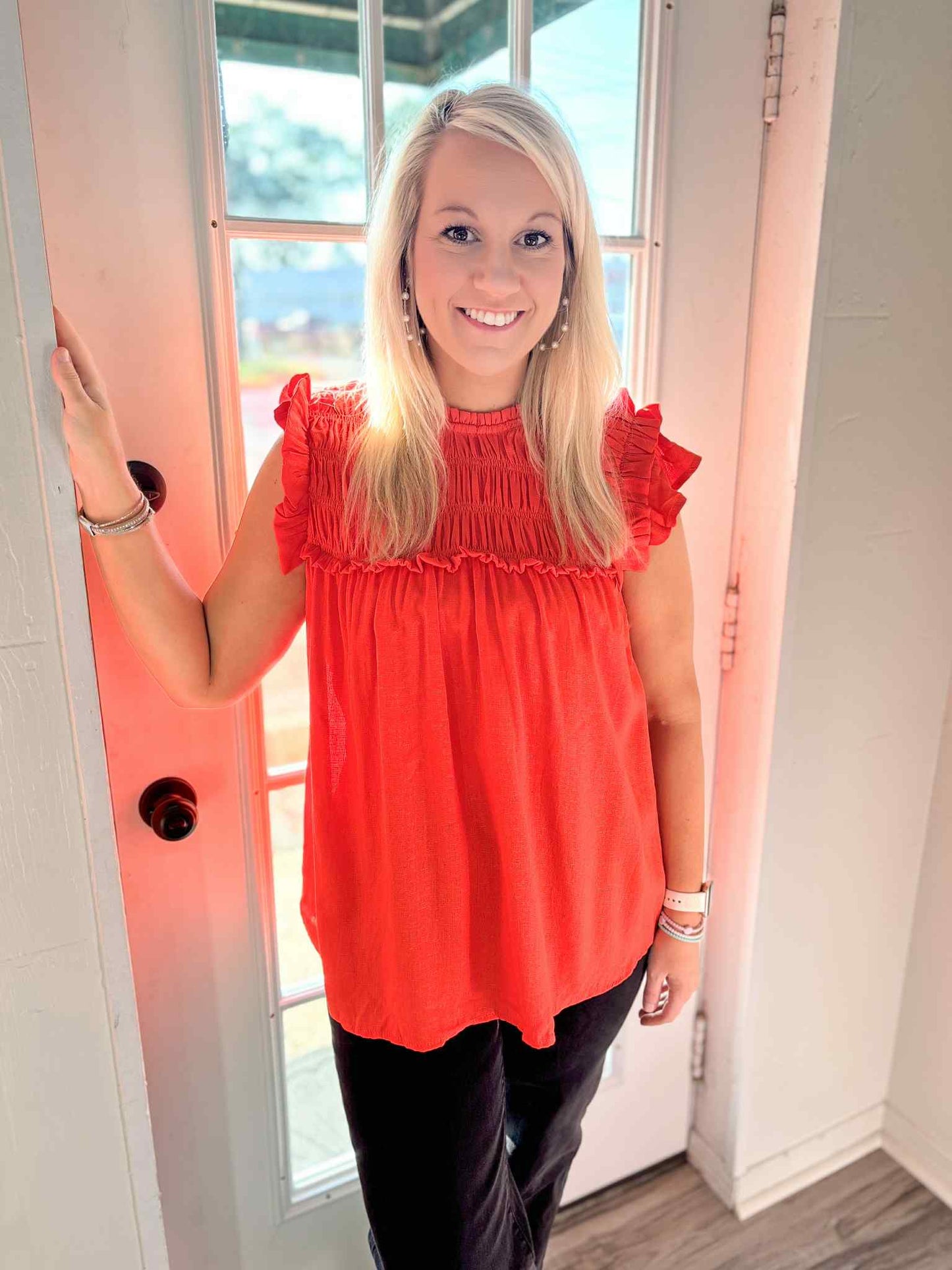 Red Top, Ruffle and Smocked Detail