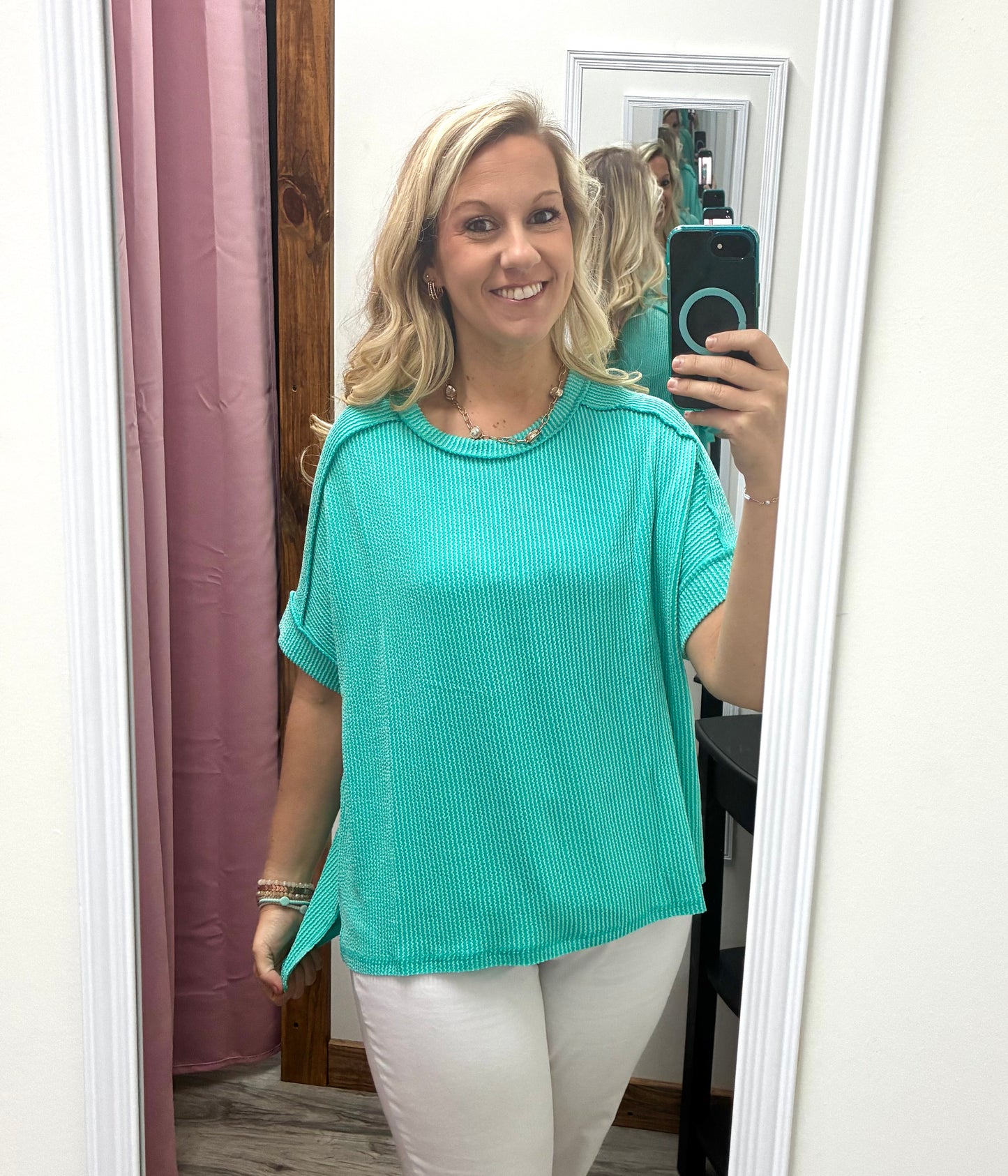 Ribbed Tee - Turquoise & Cream