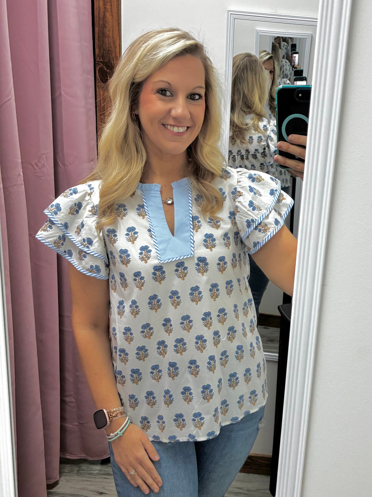 Blue & White Floral Top
