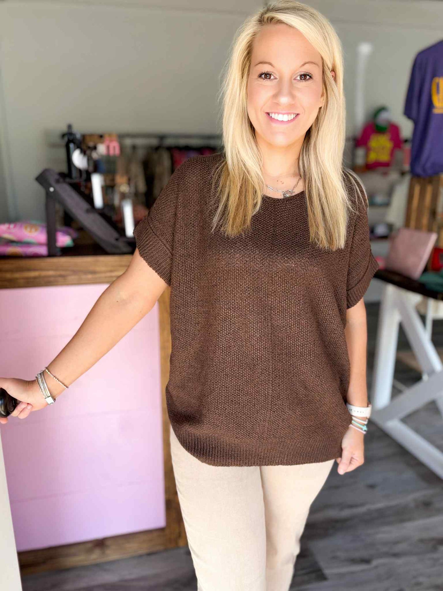 Brown Short Sleeve Sweater