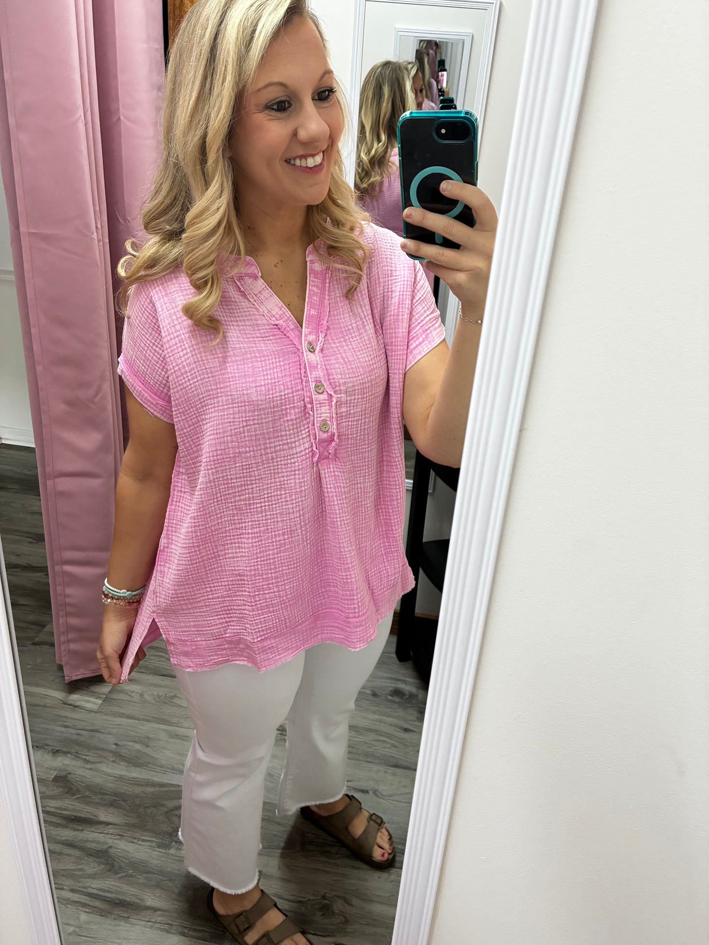 WASHED DOUBLE GAUZE V-Neck PINK