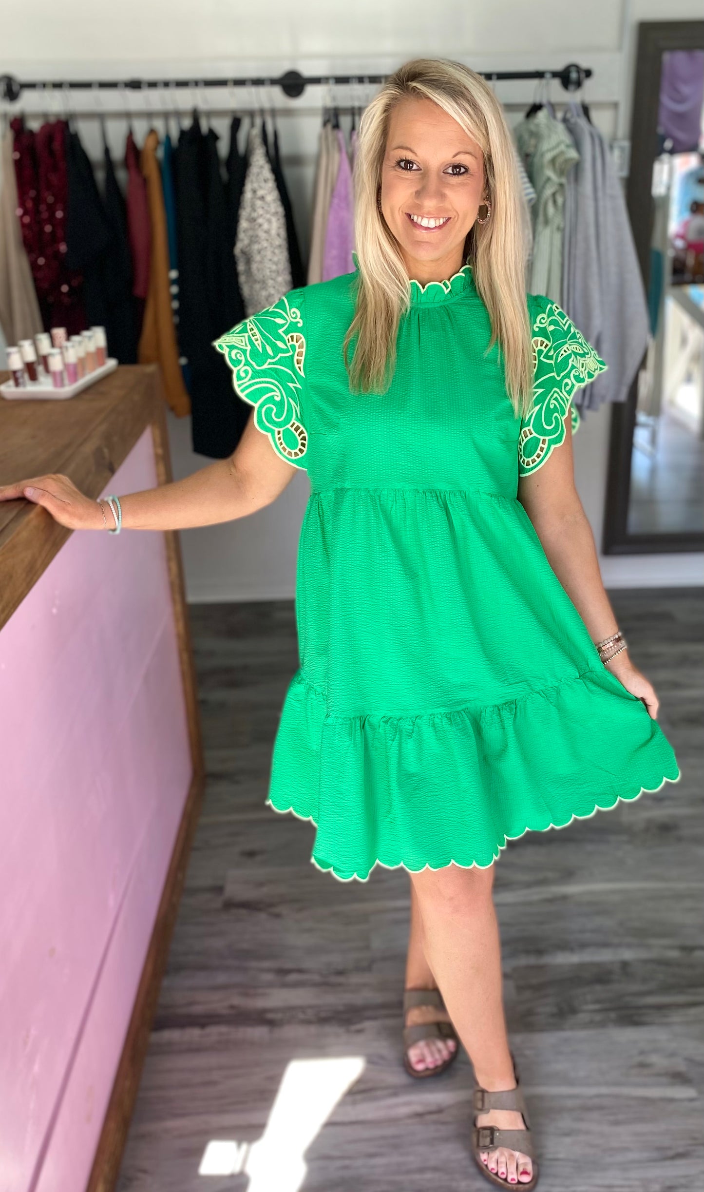 Kelly Green Dress - Scalloped Hem