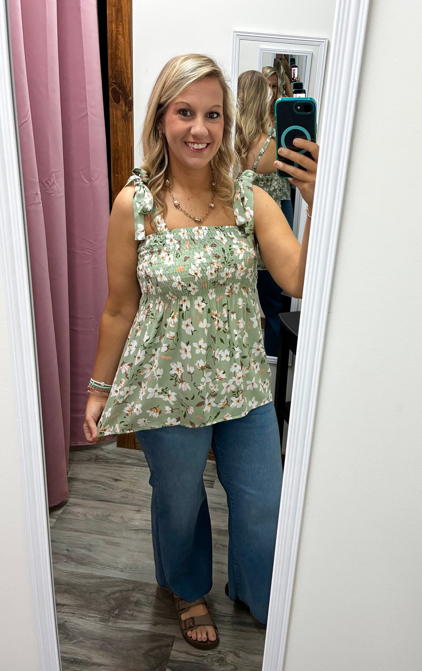 Sage Floral Tie Top