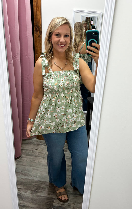 Sage Floral Tie Top