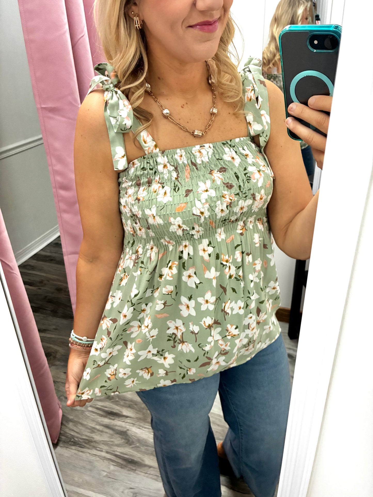 Sage Floral Tie Top