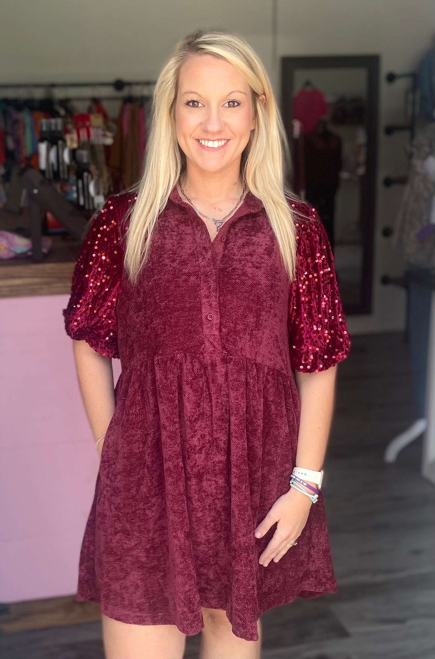 Merlot Dress- Velvet & Sequin Sleeves