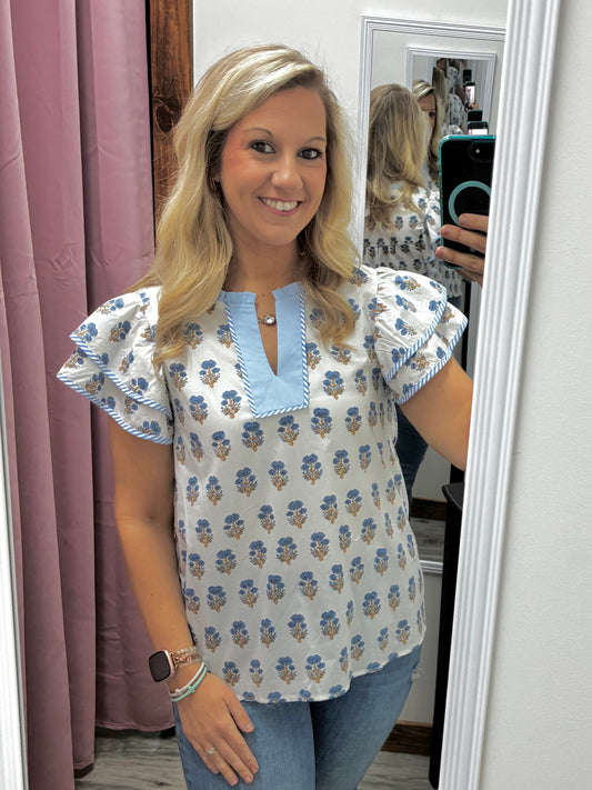 Blue & White Floral Top