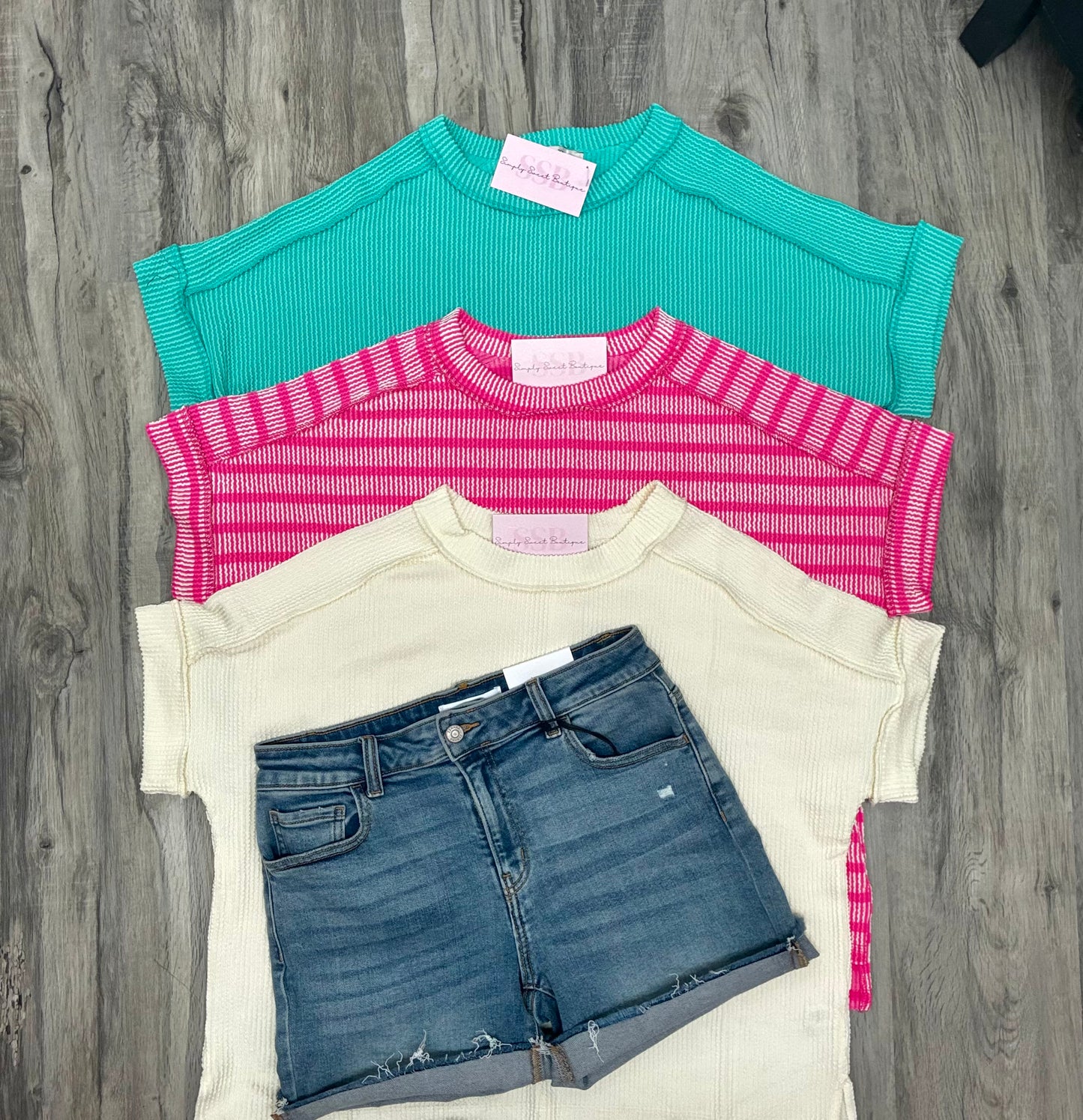 Ribbed Tee - Turquoise & Cream