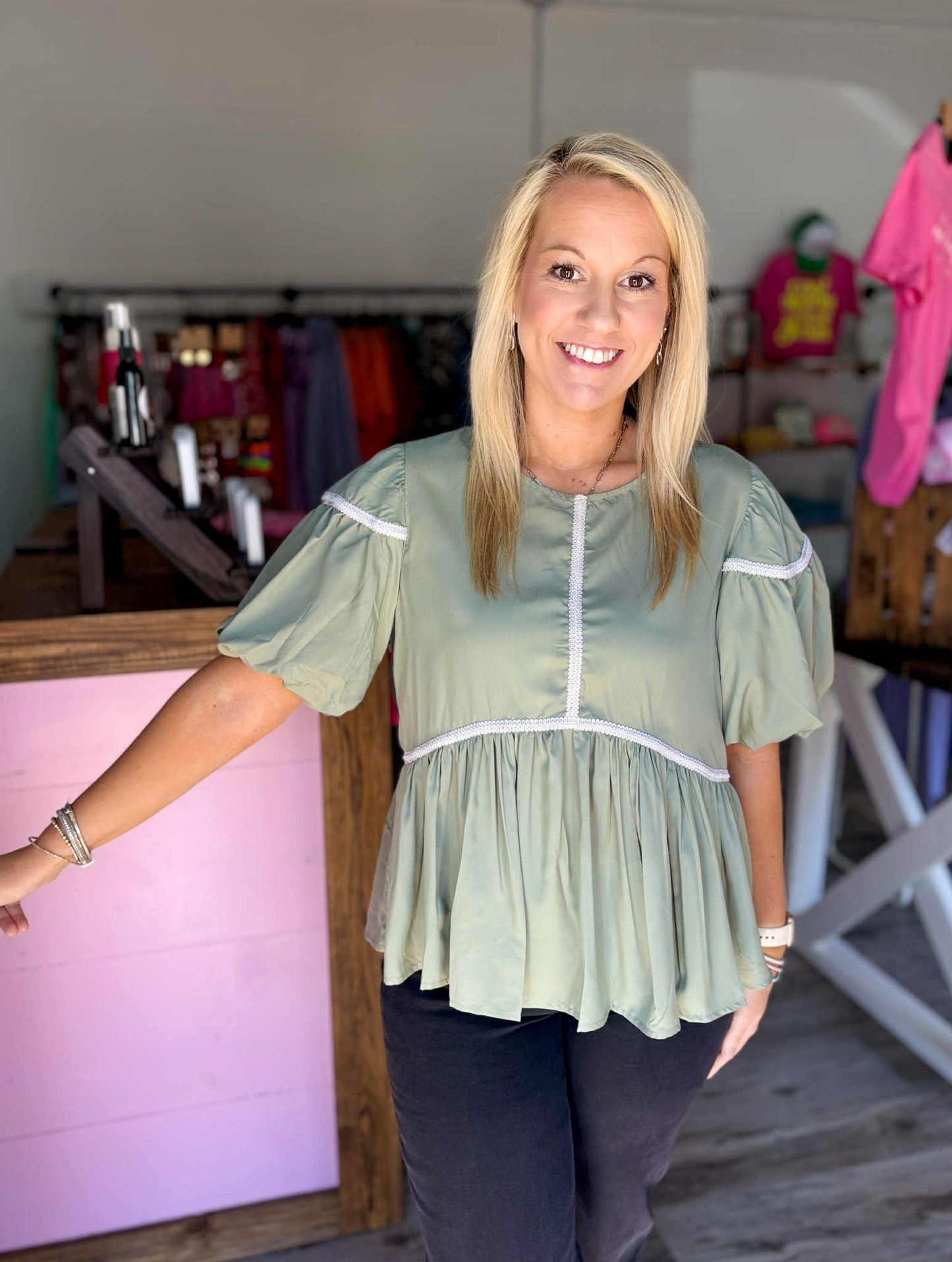 Sage Puff Sleeve Top