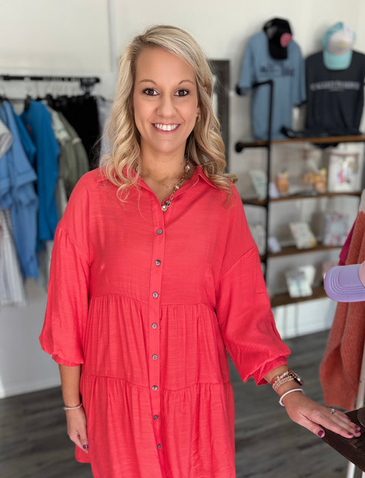 Tomato Red Button Up Dress