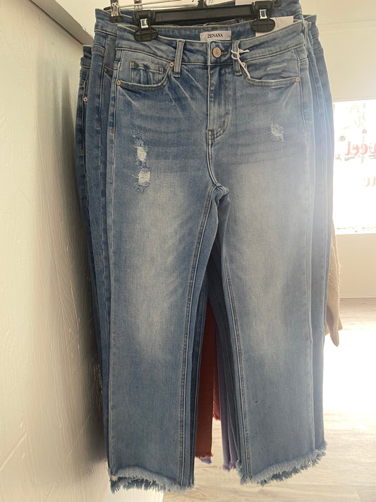 Mid rise raw hem cropped denim jeans